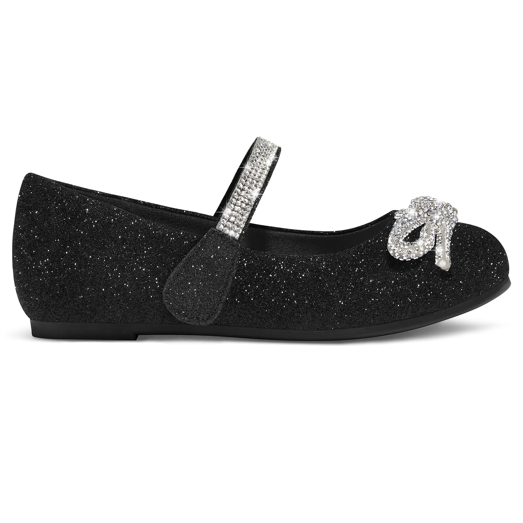 Kids Dress Shoes-Black Glitter Mary Janes with Diamond Bow
