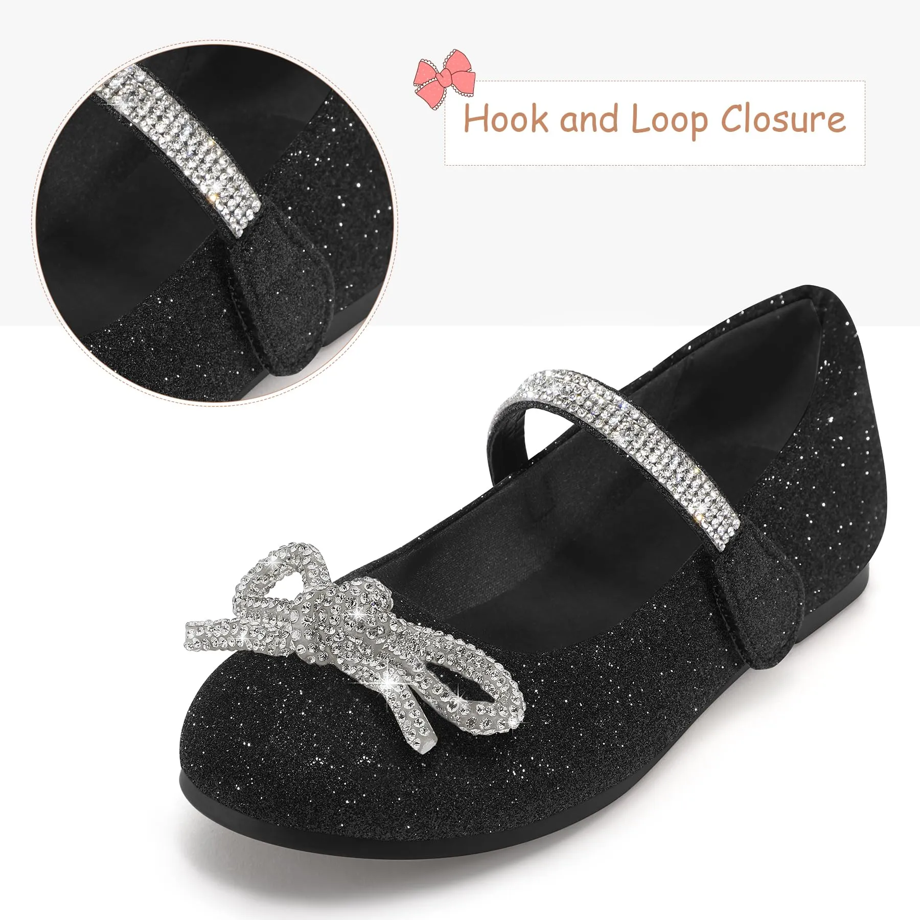 Kids Dress Shoes-Black Glitter Mary Janes with Diamond Bow