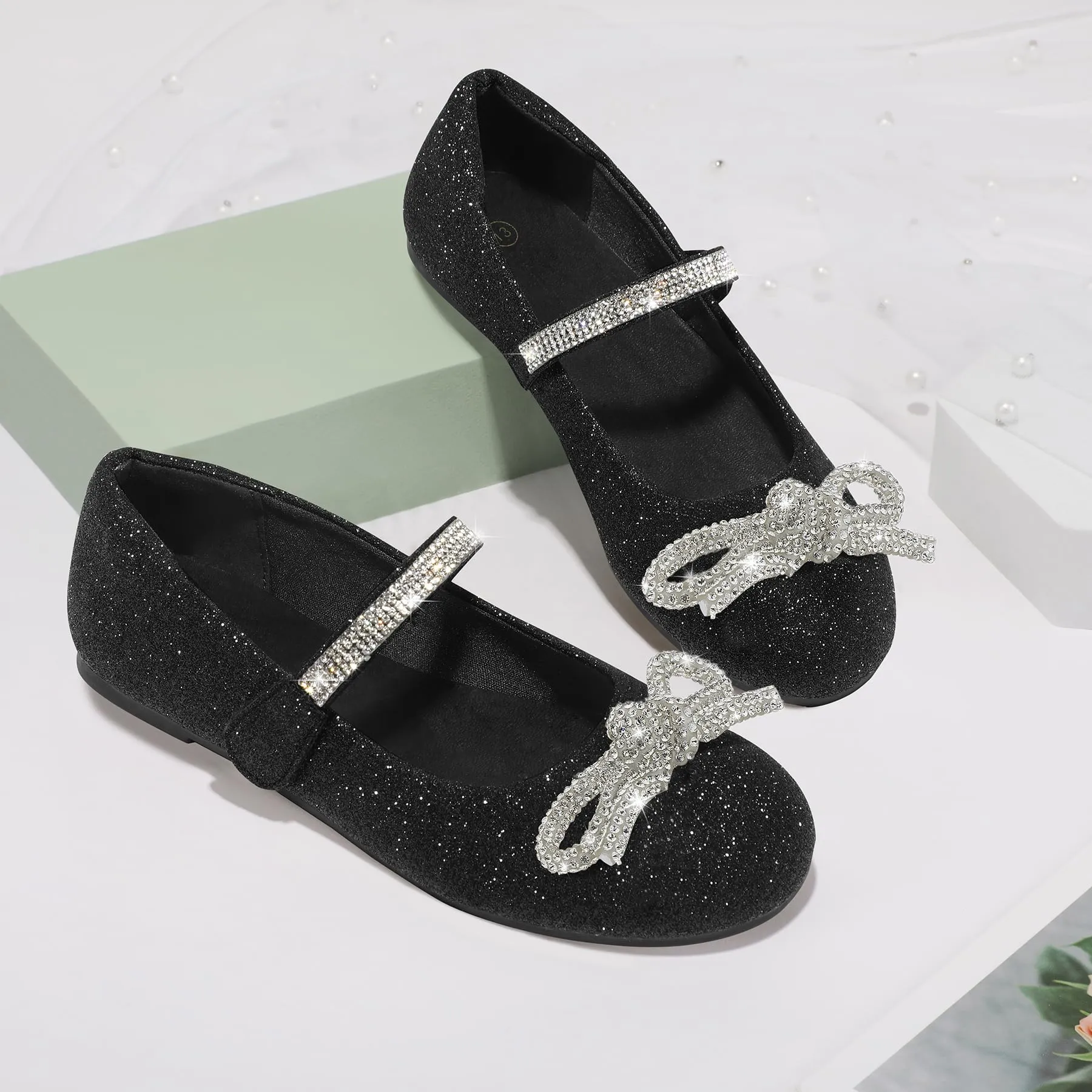 Kids Dress Shoes-Black Glitter Mary Janes with Diamond Bow