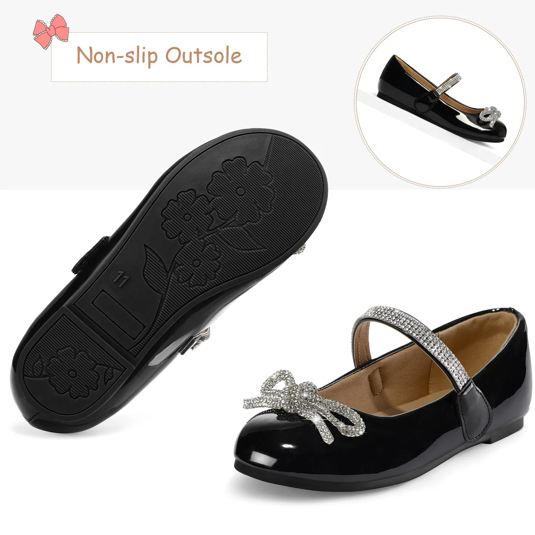 Kids Dress Shoes-Black Mary Janes with Diamond Bow