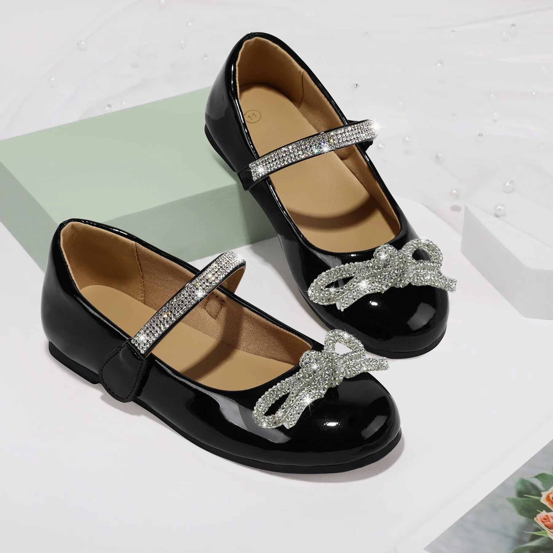 Kids Dress Shoes-Black Mary Janes with Diamond Bow