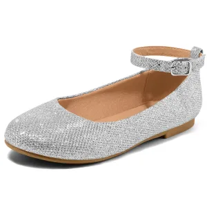 Kids Dress Shoes-Silver Glitter Ankle Strap Ballet Flats
