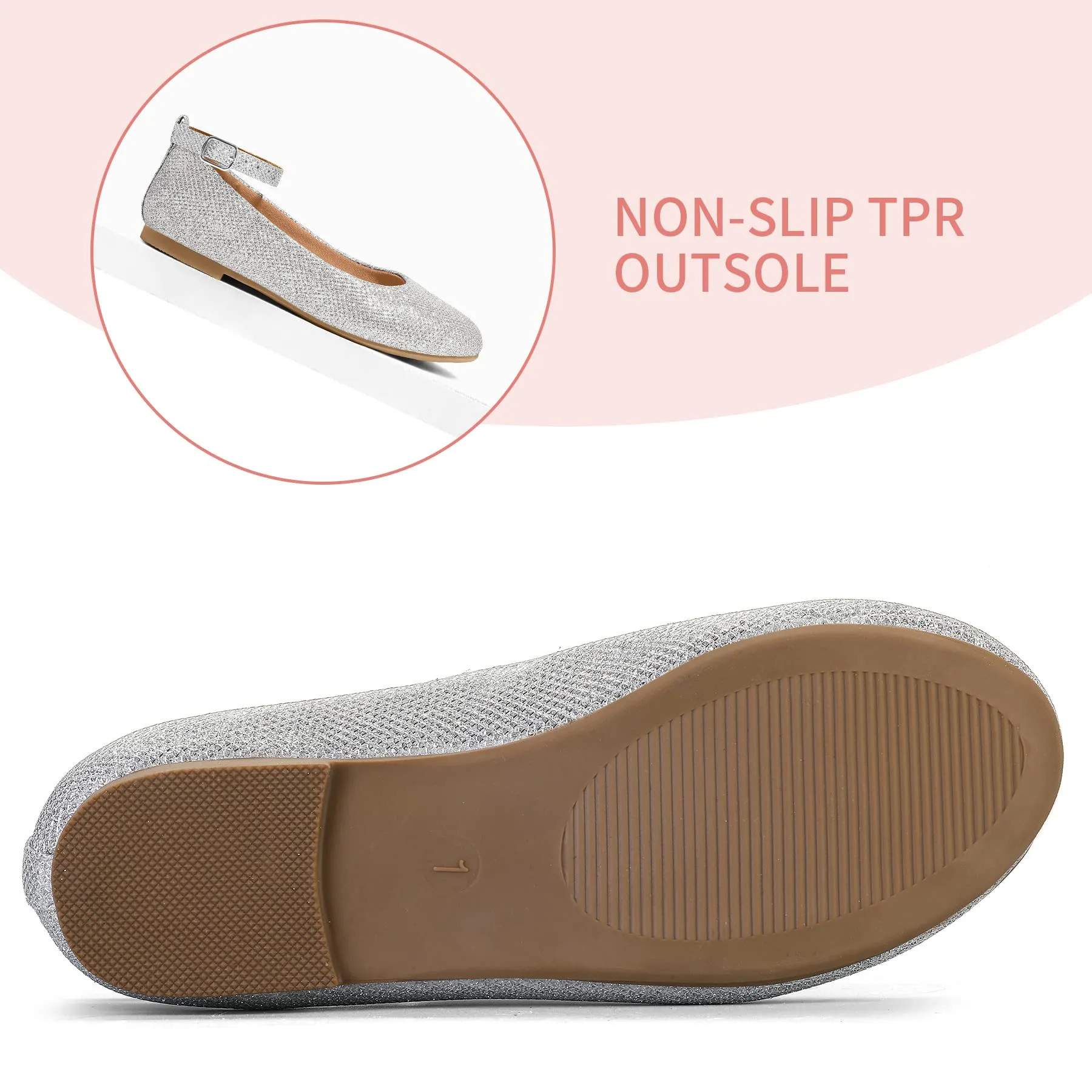 Kids Dress Shoes-Silver Glitter Ankle Strap Ballet Flats