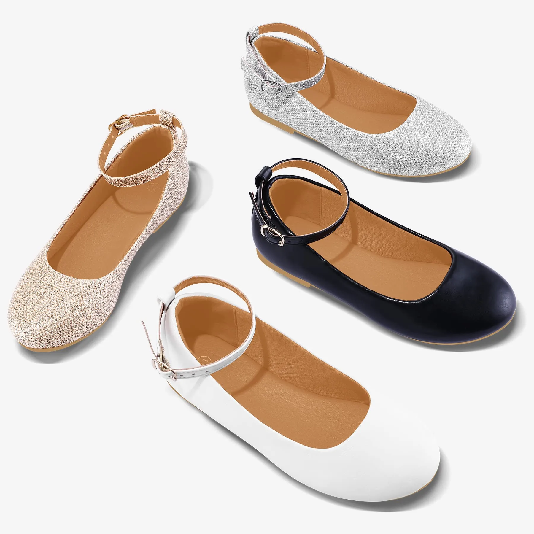 Kids Dress Shoes-Silver Glitter Ankle Strap Ballet Flats
