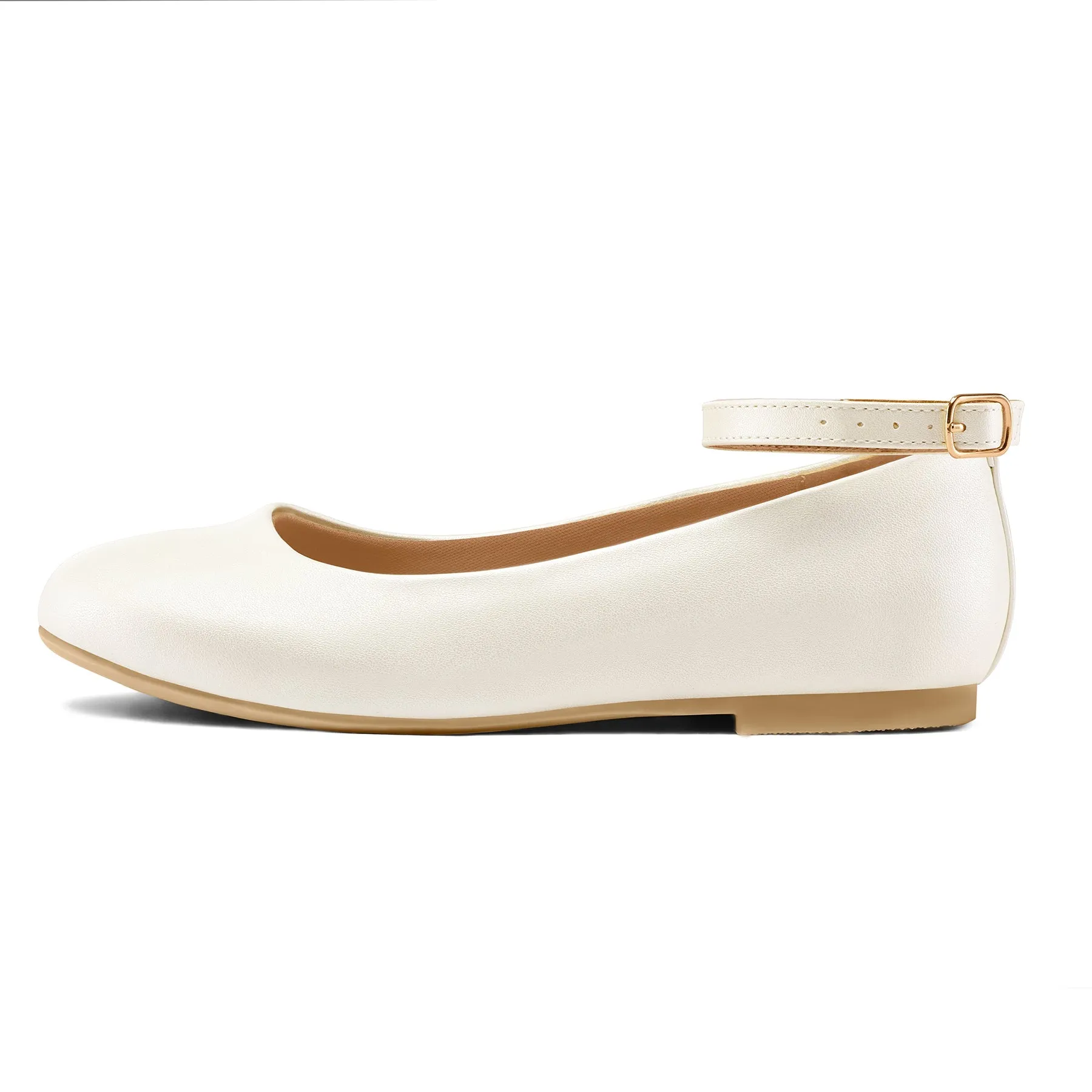 Kids Dress Shoes-White Leather Ankle Strap Ballet Flats