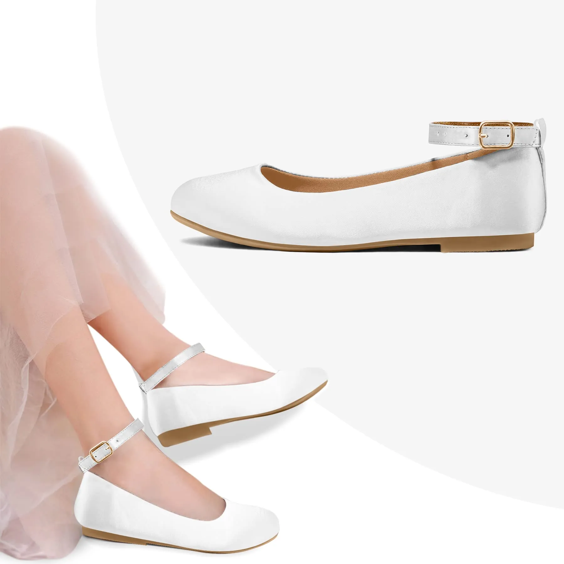 Kids Dress Shoes-White Leather Ankle Strap Ballet Flats