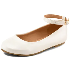 Kids Dress Shoes-White Leather Ankle Strap Ballet Flats