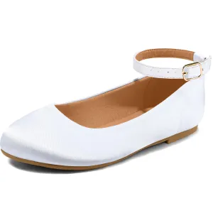 Kids Dress Shoes-White Leather Ankle Strap Ballet Flats