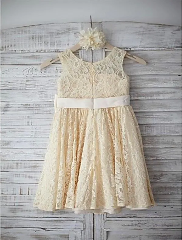 Lace Princess Sleeveless Scoop Flower Girl Dresses Floor Length Dress With Bowknot