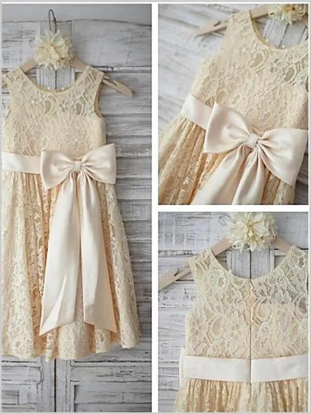 Lace Princess Sleeveless Scoop Flower Girl Dresses Floor Length Dress With Bowknot