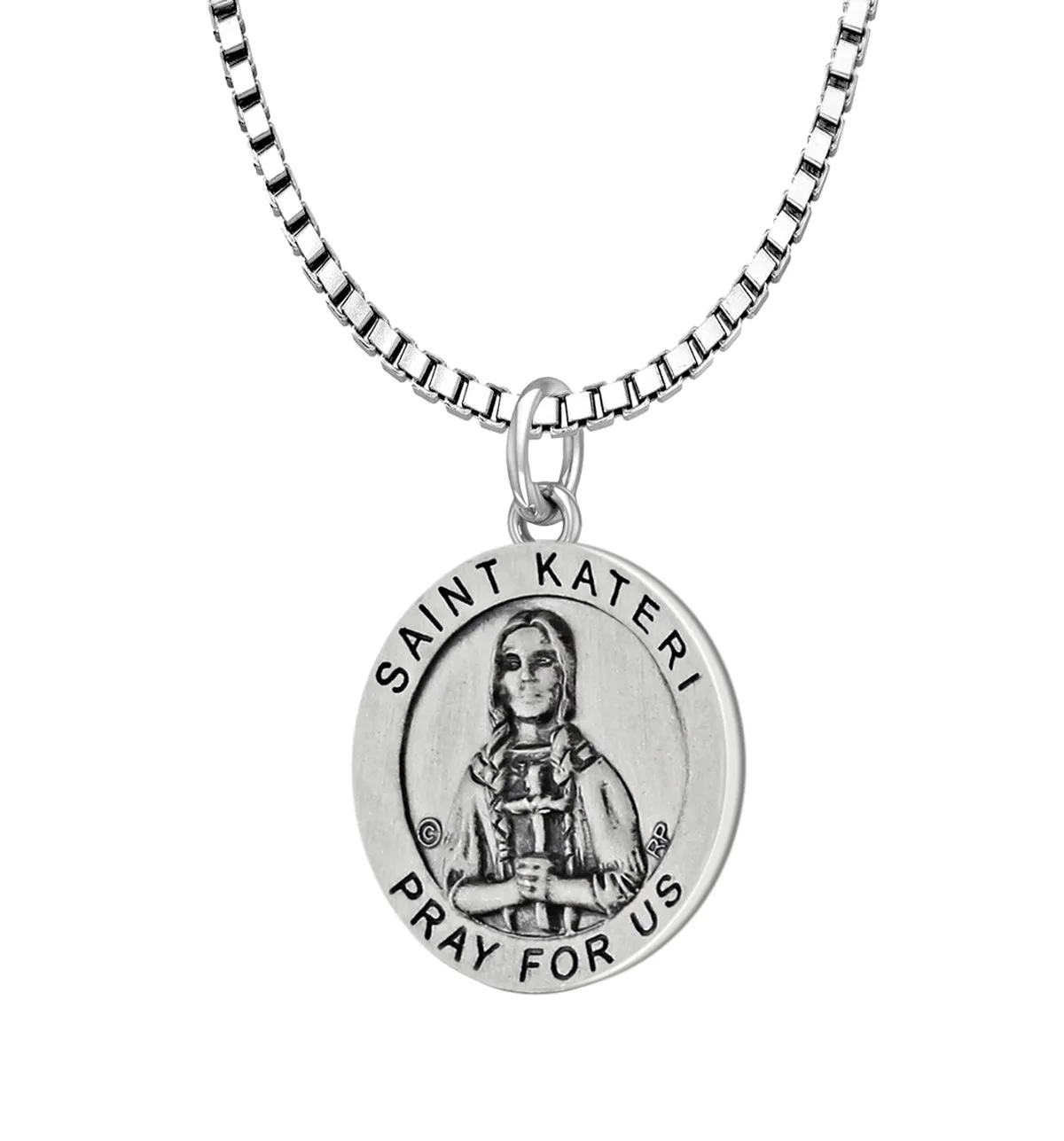 Ladies 925 Sterling Silver 18.5mm Antiqued  Saint Kateri Medal Pendant Necklace