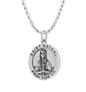 Ladies 925 Sterling Silver 18.5mm Antiqued  Saint Kateri Medal Pendant Necklace