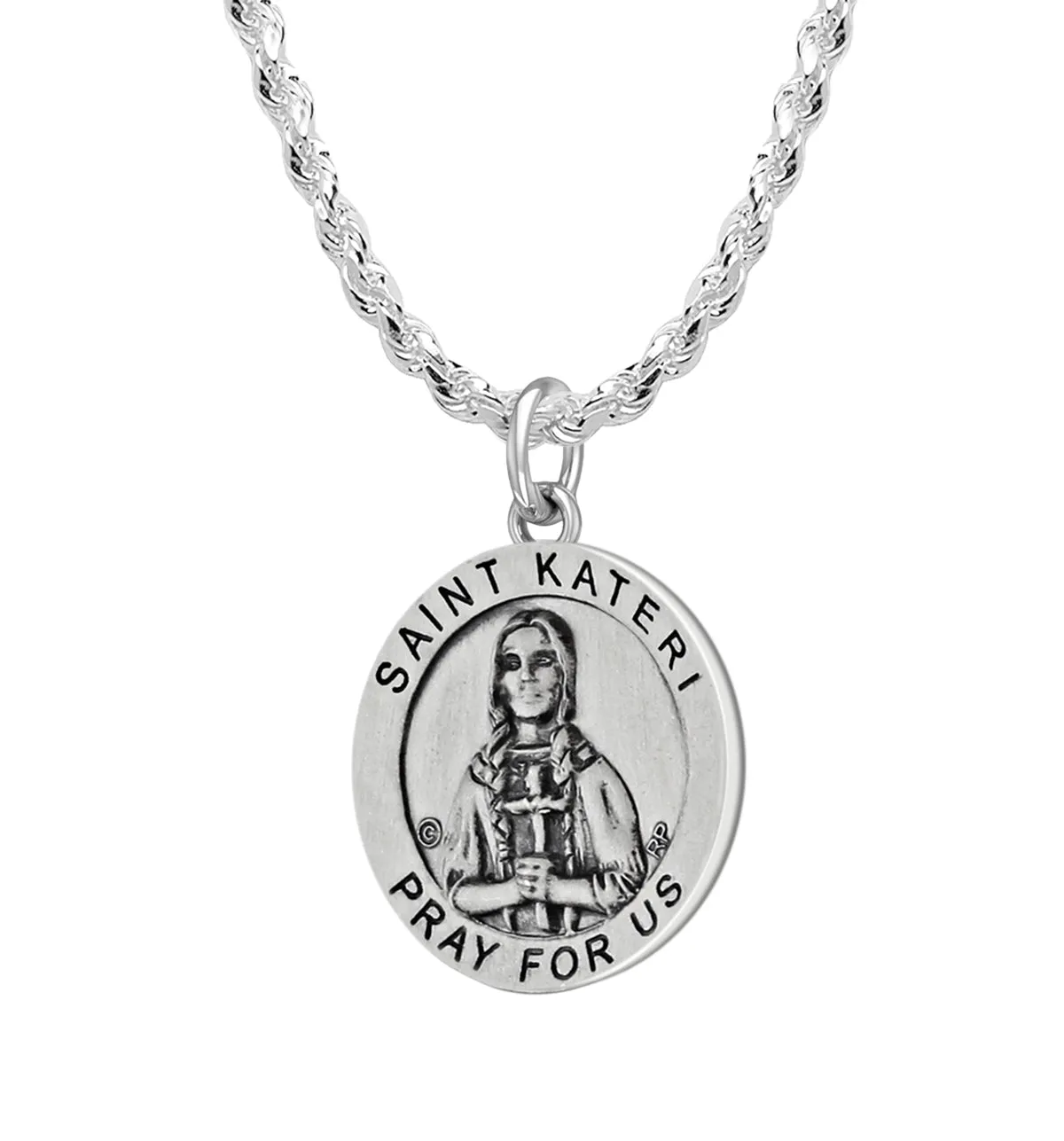 Ladies 925 Sterling Silver 18.5mm Antiqued  Saint Kateri Medal Pendant Necklace
