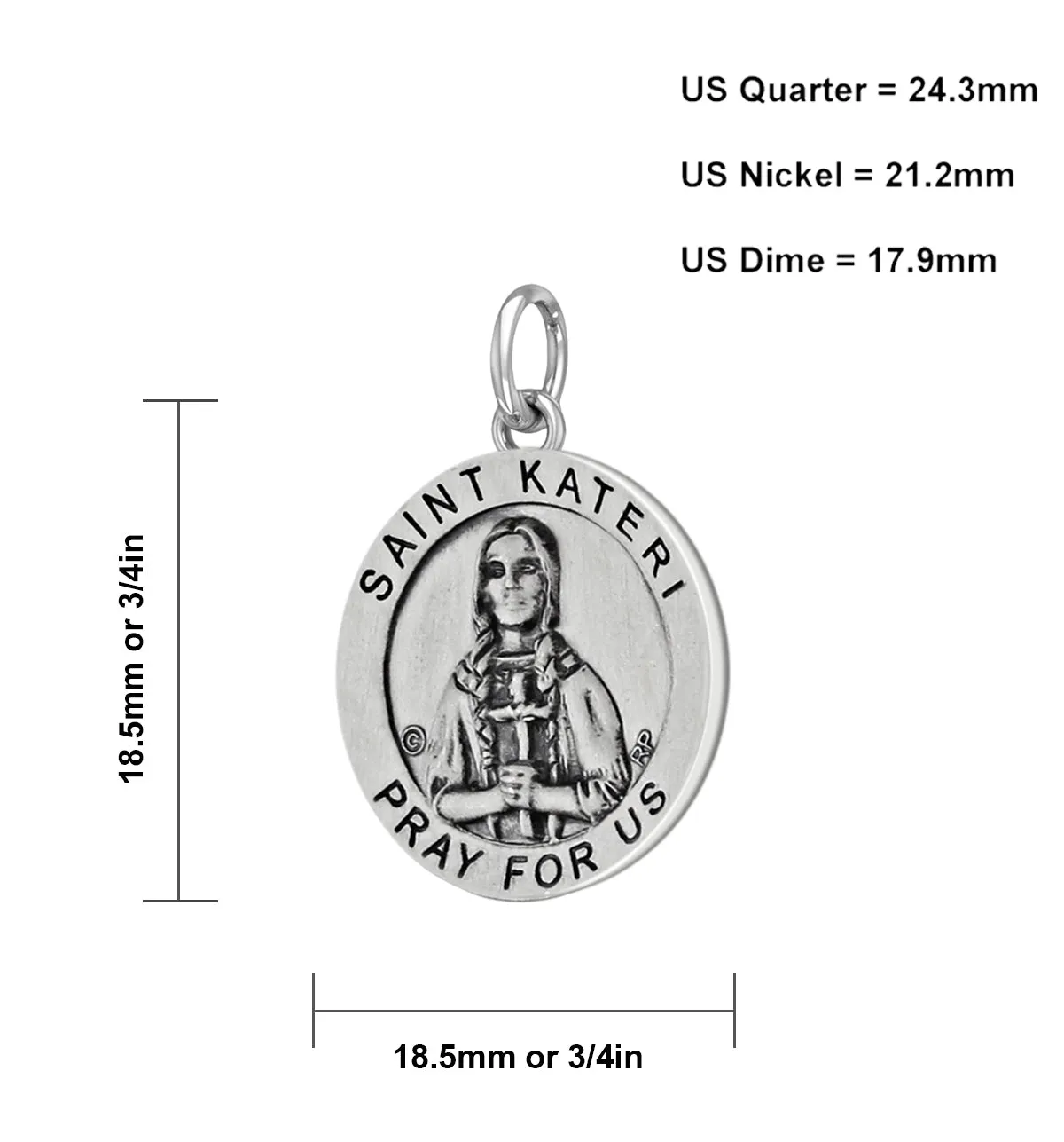 Ladies 925 Sterling Silver 18.5mm Antiqued  Saint Kateri Medal Pendant Necklace