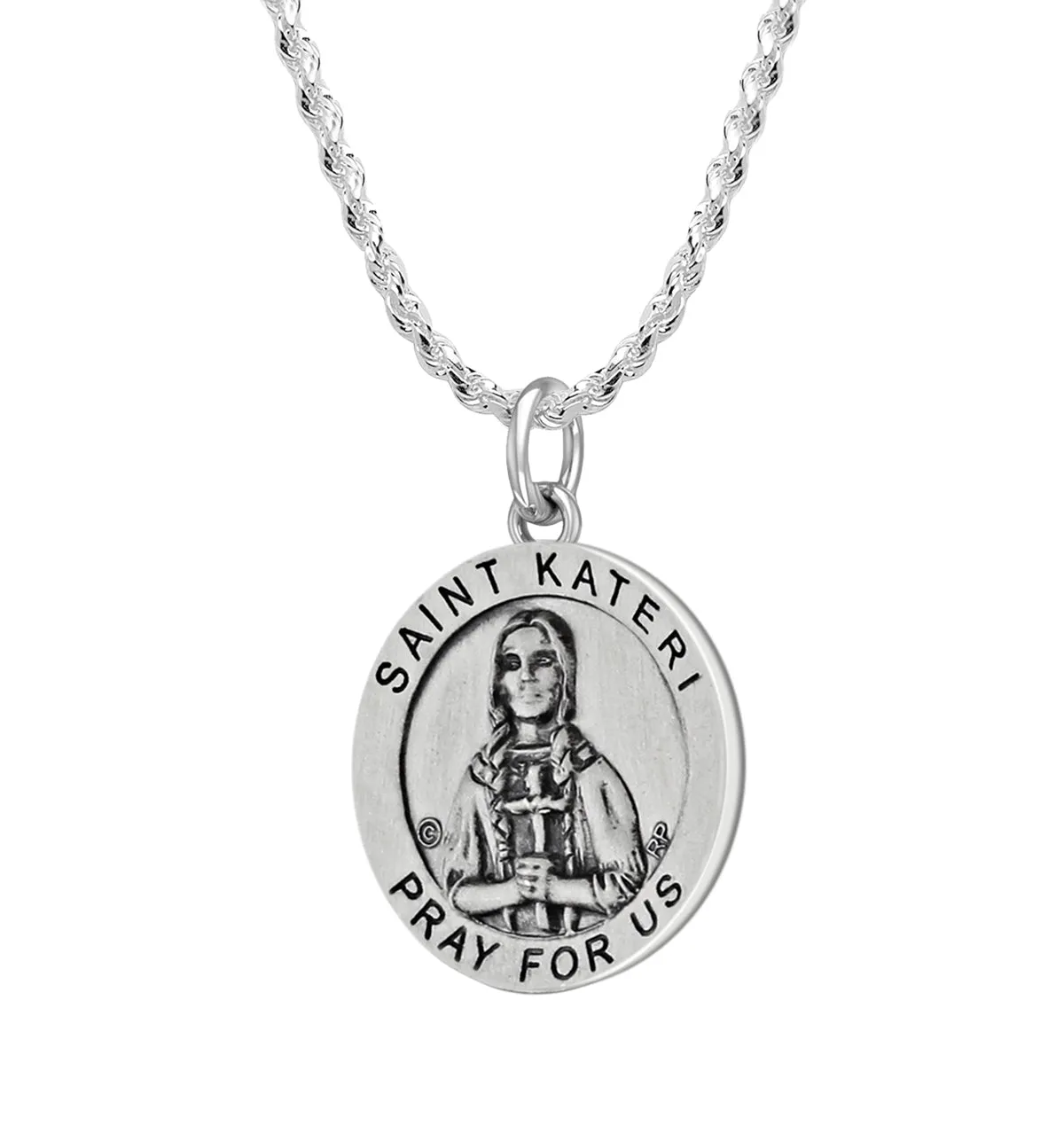 Ladies 925 Sterling Silver 18.5mm Antiqued  Saint Kateri Medal Pendant Necklace