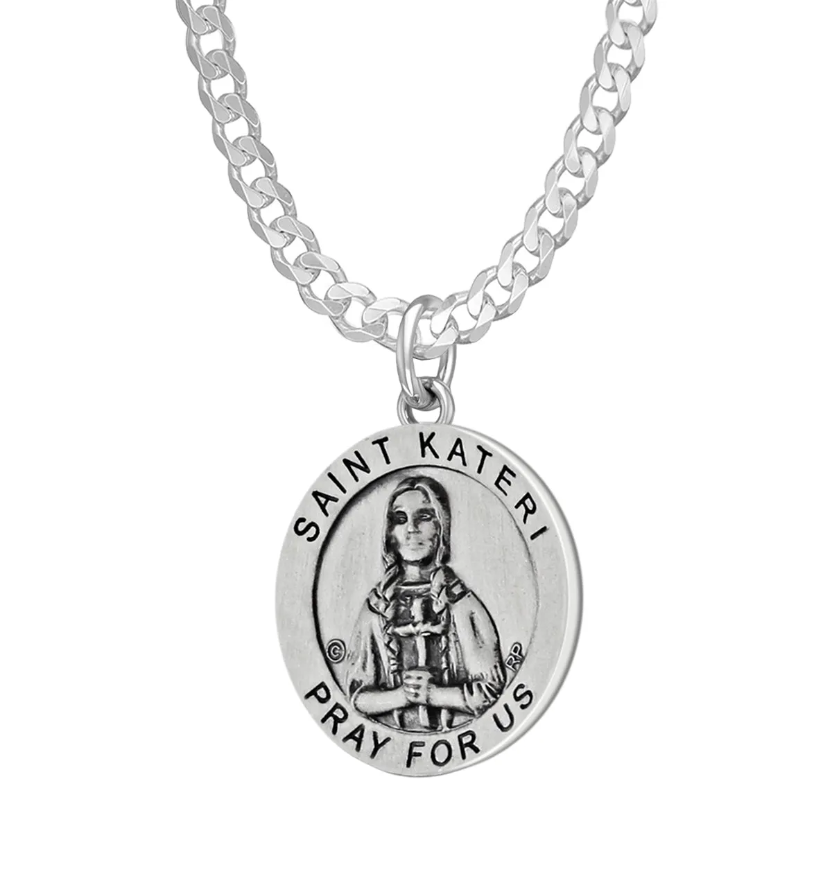 Ladies 925 Sterling Silver 18.5mm Antiqued  Saint Kateri Medal Pendant Necklace
