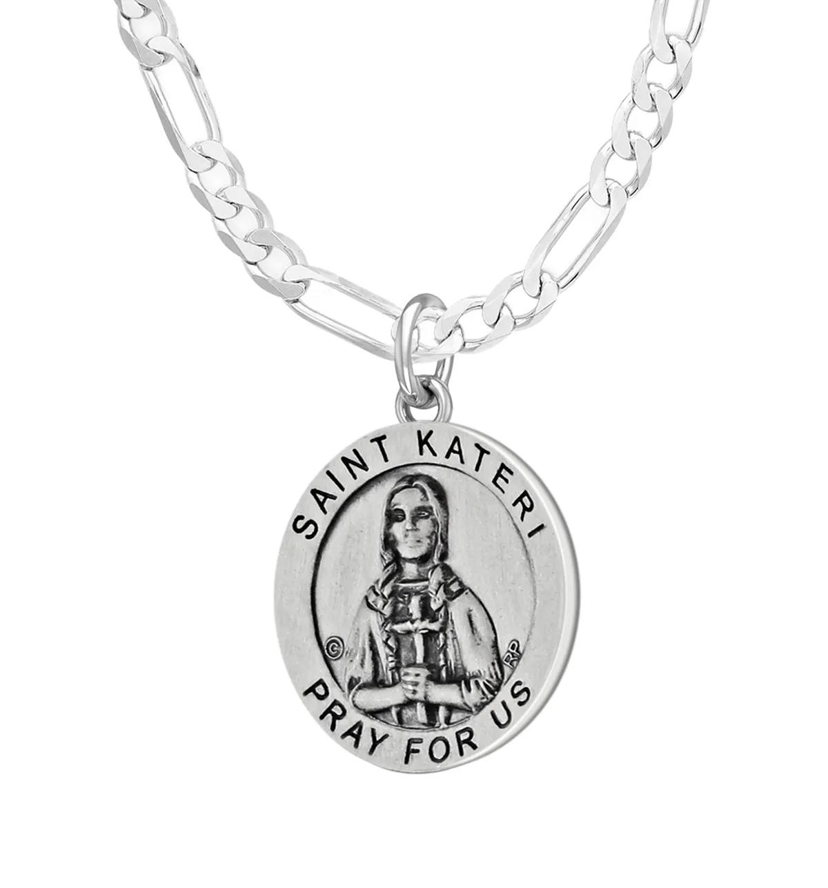 Ladies 925 Sterling Silver 18.5mm Antiqued  Saint Kateri Medal Pendant Necklace