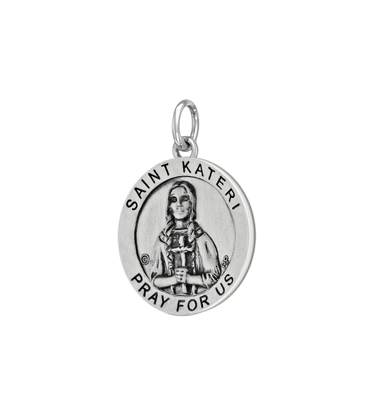 Ladies 925 Sterling Silver 18.5mm Antiqued  Saint Kateri Medal Pendant Necklace
