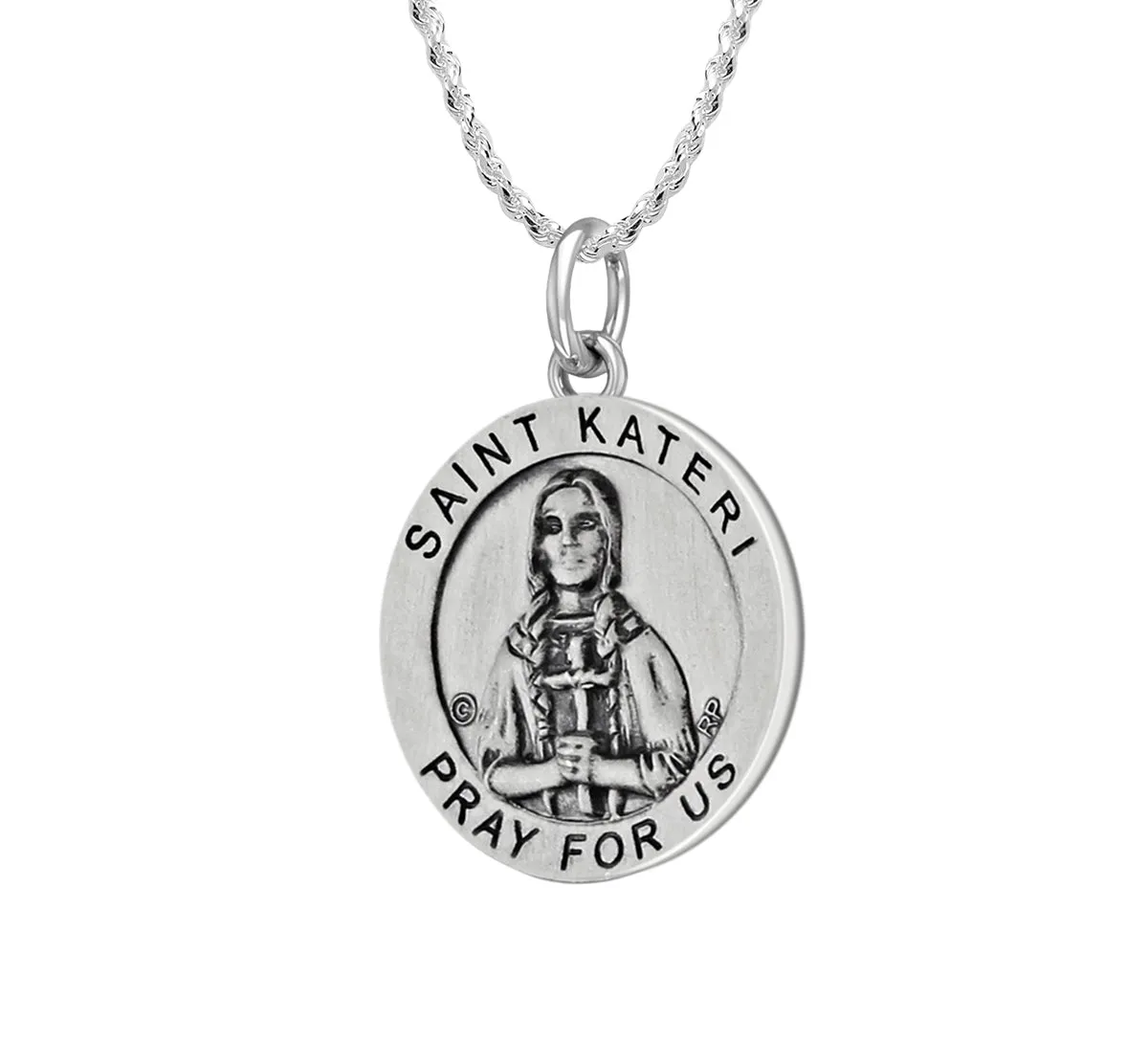 Ladies 925 Sterling Silver 18.5mm Antiqued  Saint Kateri Medal Pendant Necklace