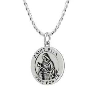 Ladies 925 Sterling Silver 18.5mm Antiqued Saint Rita Medal Pendant Necklace