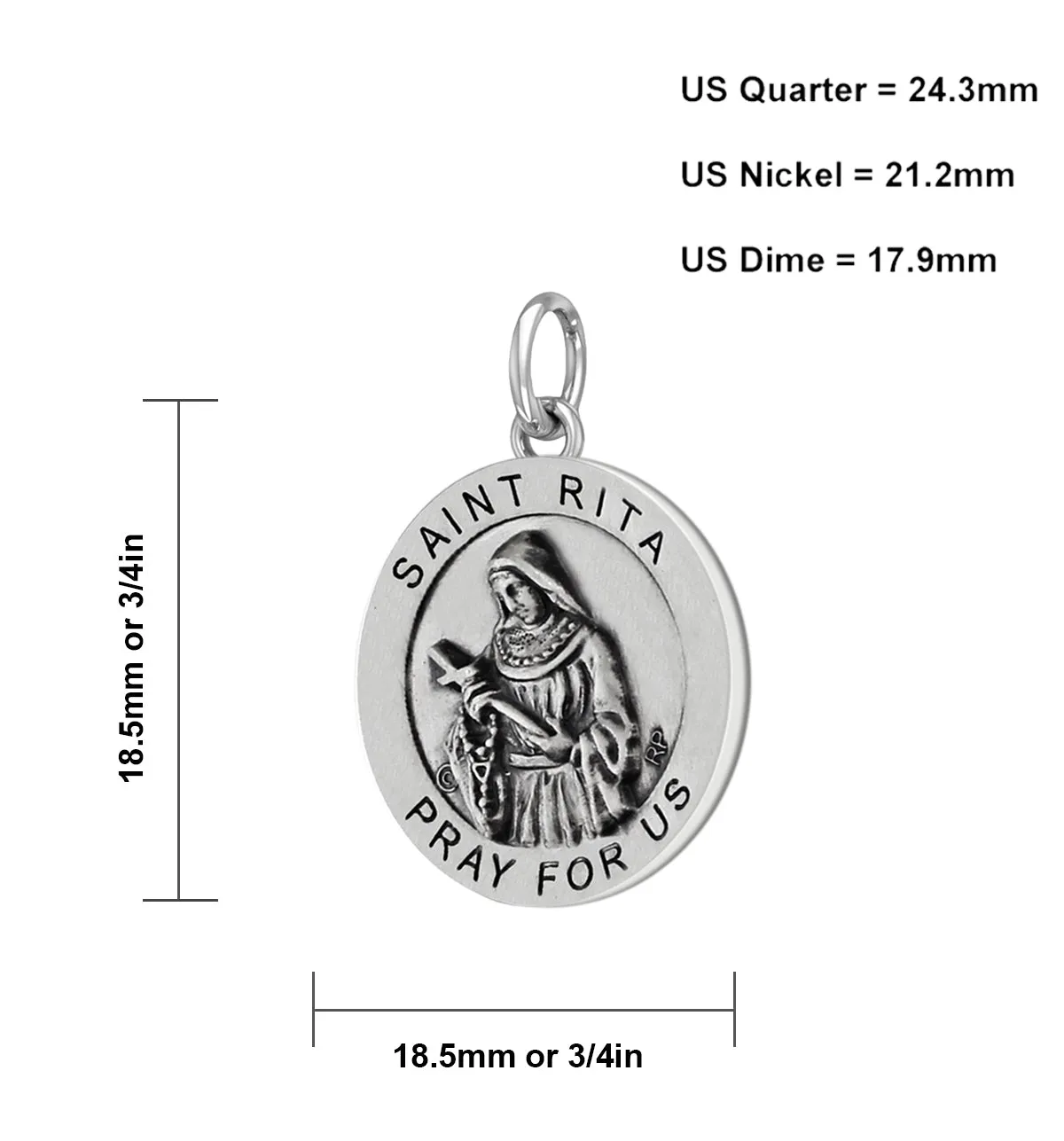 Ladies 925 Sterling Silver 18.5mm Antiqued Saint Rita Medal Pendant Necklace