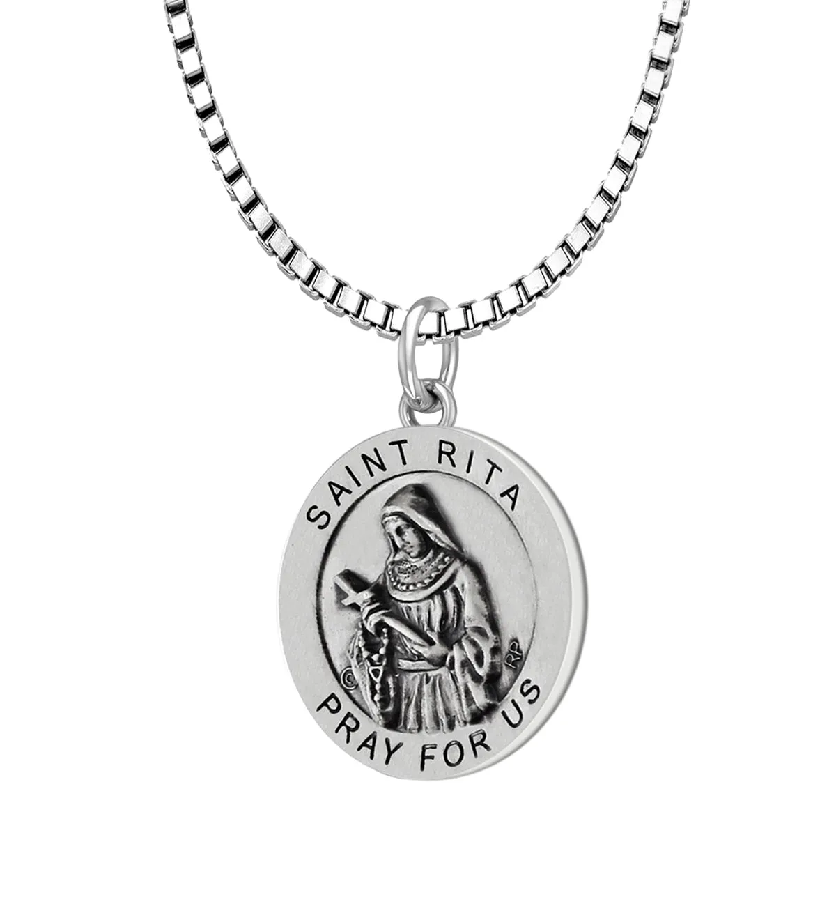Ladies 925 Sterling Silver 18.5mm Antiqued Saint Rita Medal Pendant Necklace
