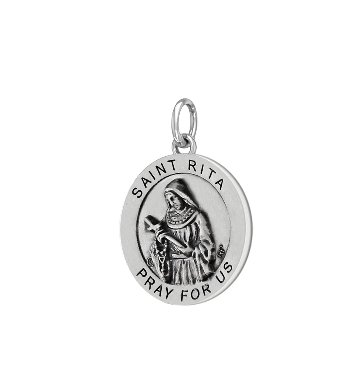 Ladies 925 Sterling Silver 18.5mm Antiqued Saint Rita Medal Pendant Necklace