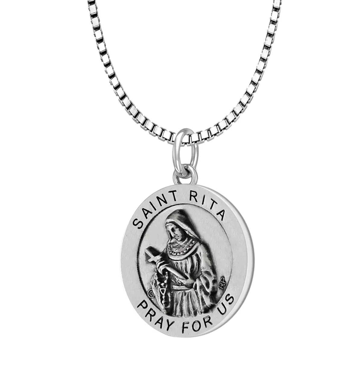 Ladies 925 Sterling Silver 18.5mm Antiqued Saint Rita Medal Pendant Necklace