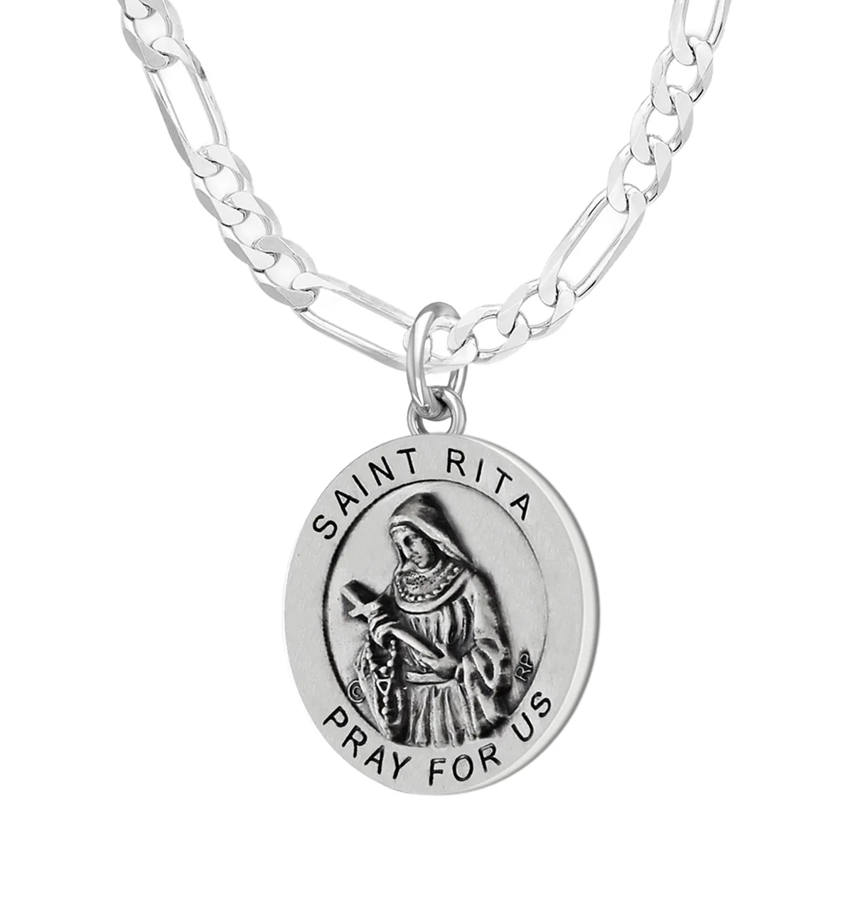 Ladies 925 Sterling Silver 18.5mm Antiqued Saint Rita Medal Pendant Necklace