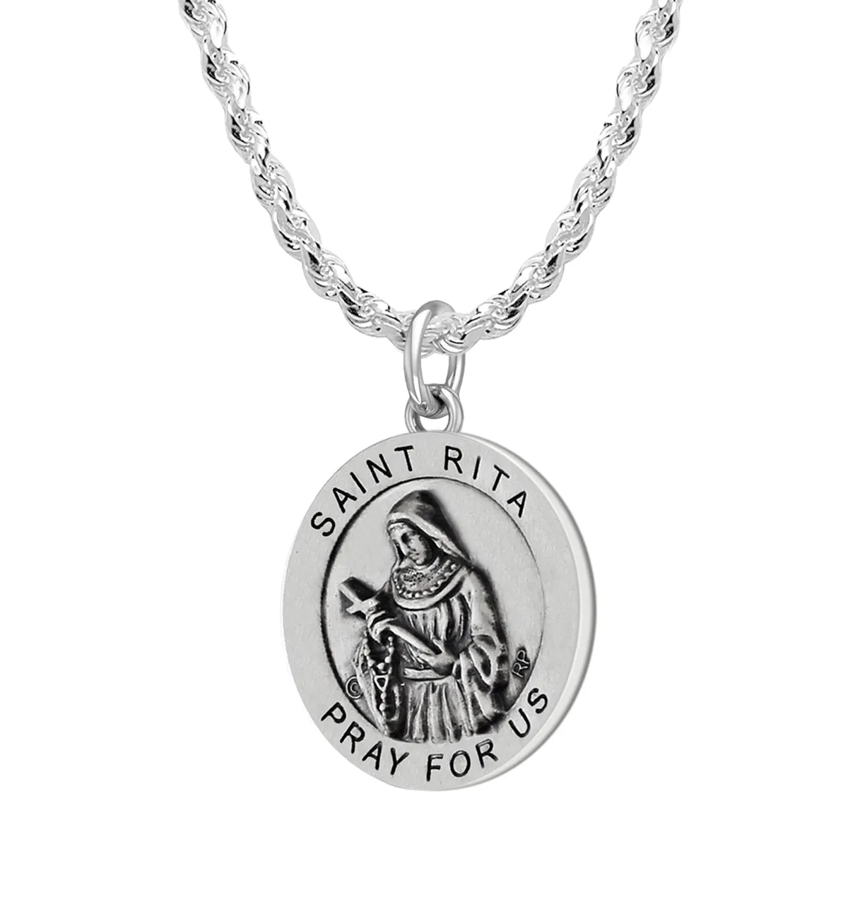 Ladies 925 Sterling Silver 18.5mm Antiqued Saint Rita Medal Pendant Necklace