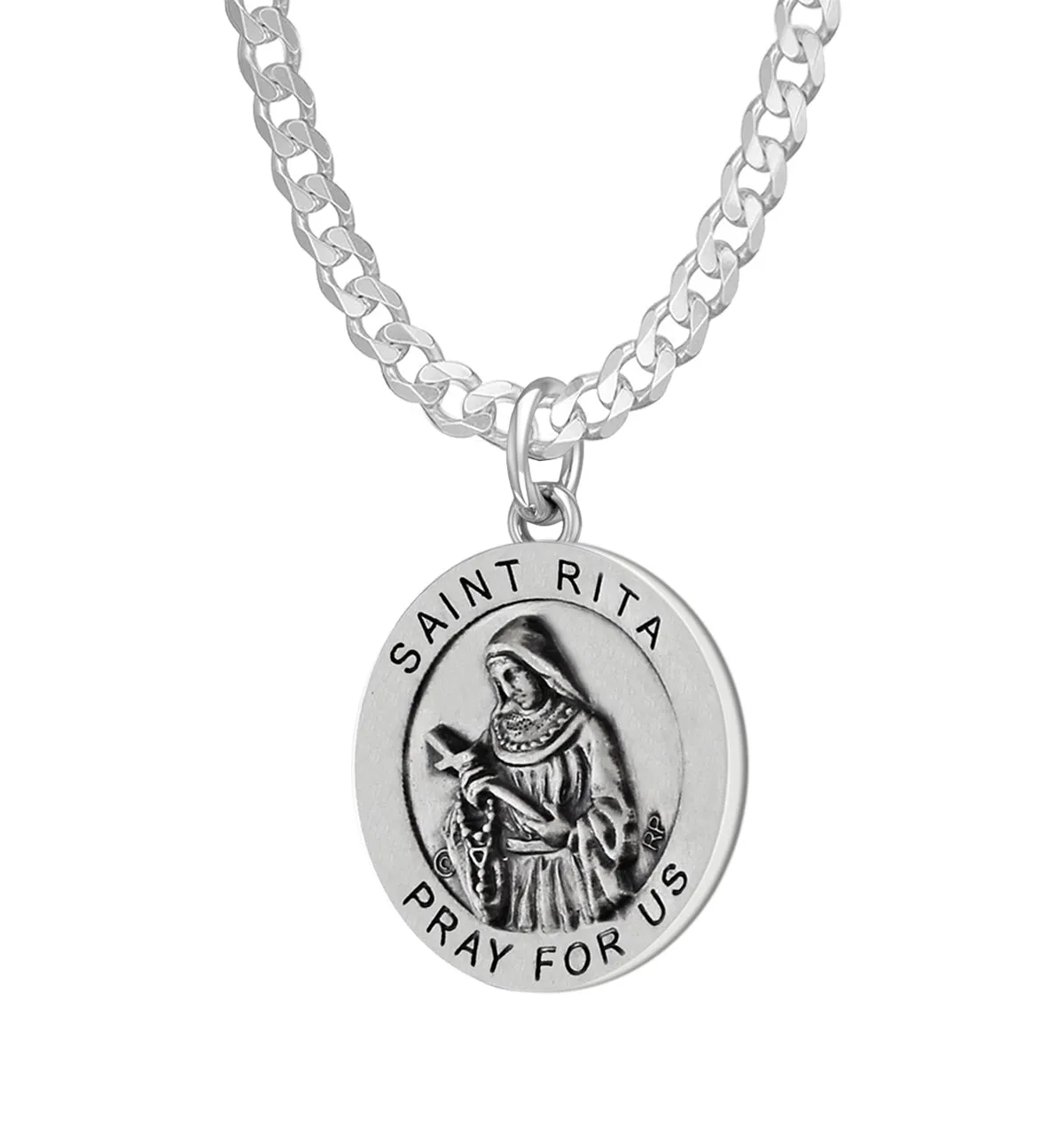 Ladies 925 Sterling Silver 18.5mm Antiqued Saint Rita Medal Pendant Necklace