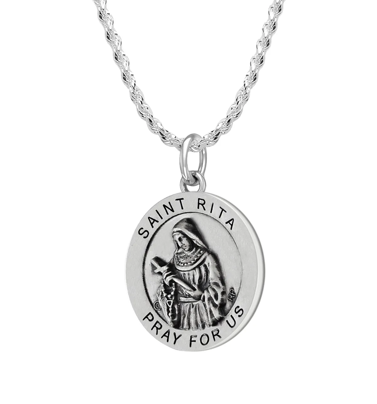 Ladies 925 Sterling Silver 18.5mm Antiqued Saint Rita Medal Pendant Necklace