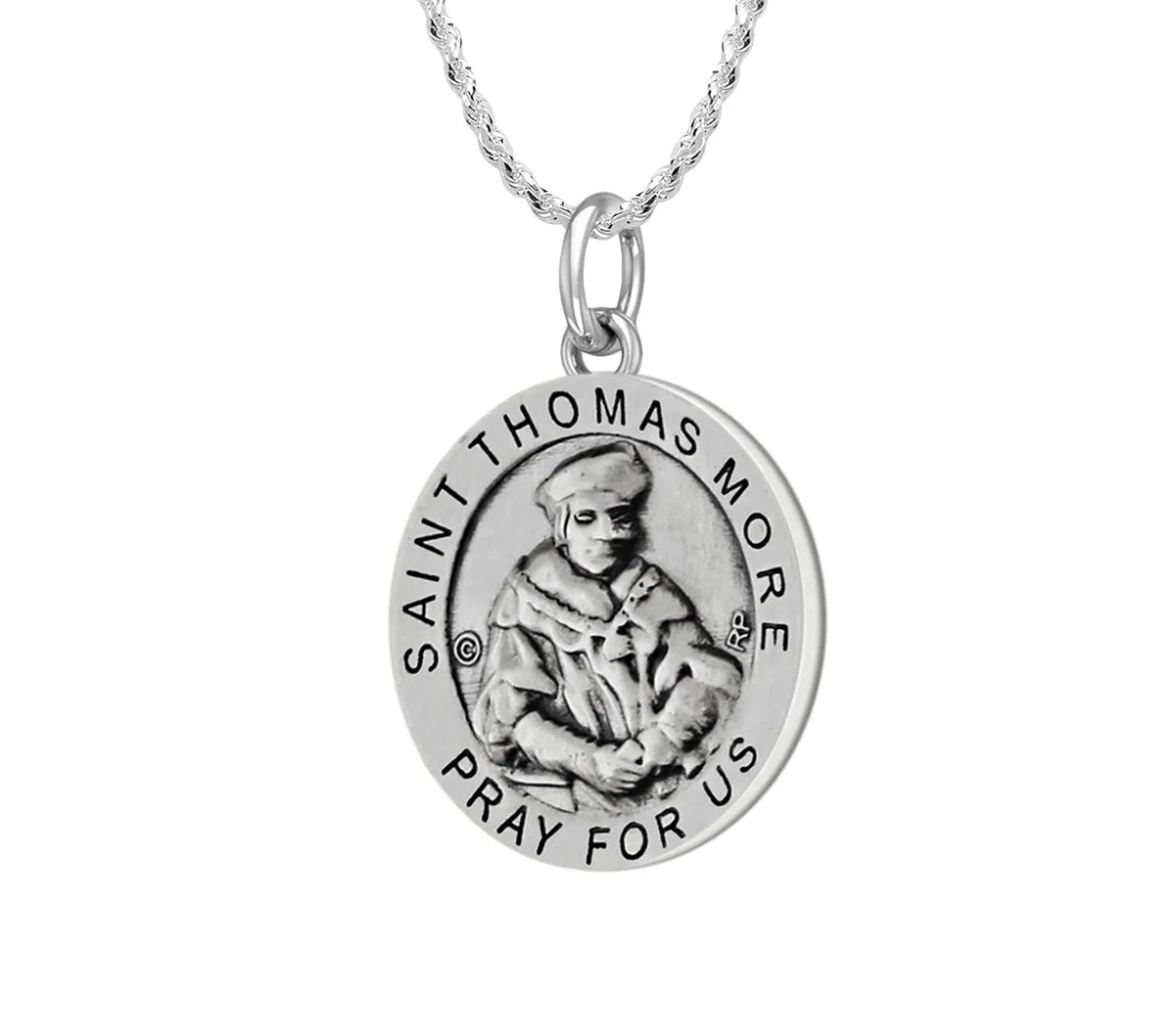 Ladies 925 Sterling Silver 18.5mm Antiqued Saint Thomas More Medal Pendant Necklace