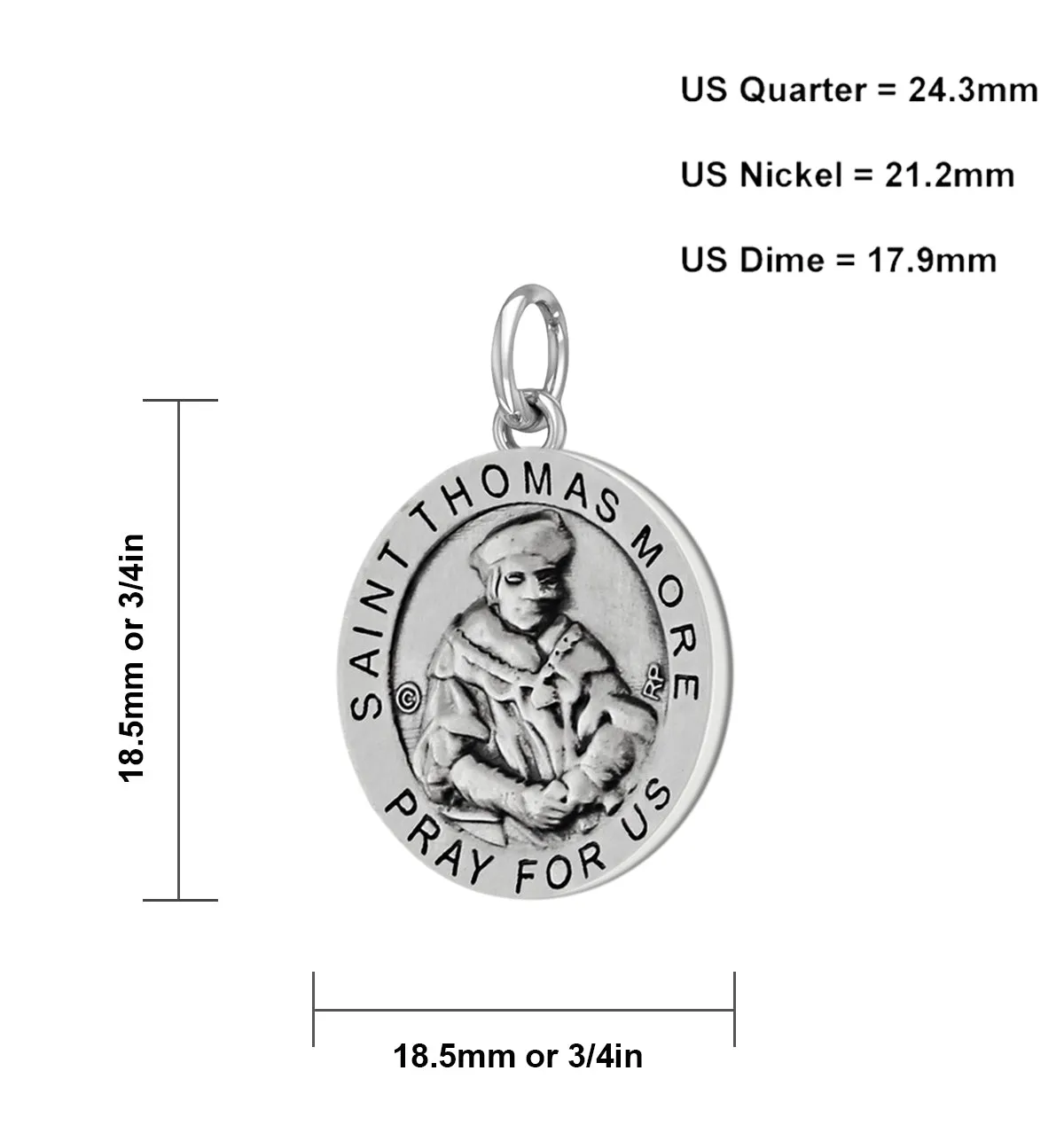 Ladies 925 Sterling Silver 18.5mm Antiqued Saint Thomas More Medal Pendant Necklace