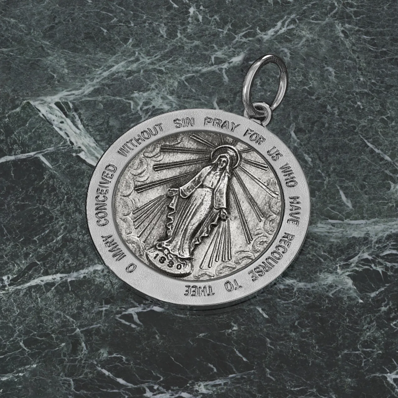 Ladies 925 Sterling Silver Large Miraculous Virgin Mary Antiqued Pendant Necklace, 22mm