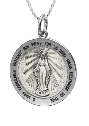 Ladies 925 Sterling Silver Large Miraculous Virgin Mary Antiqued Pendant Necklace, 22mm