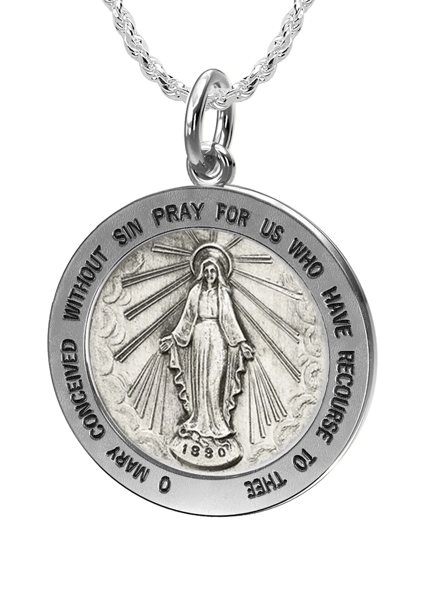 Ladies 925 Sterling Silver Large Miraculous Virgin Mary Antiqued Pendant Necklace, 22mm