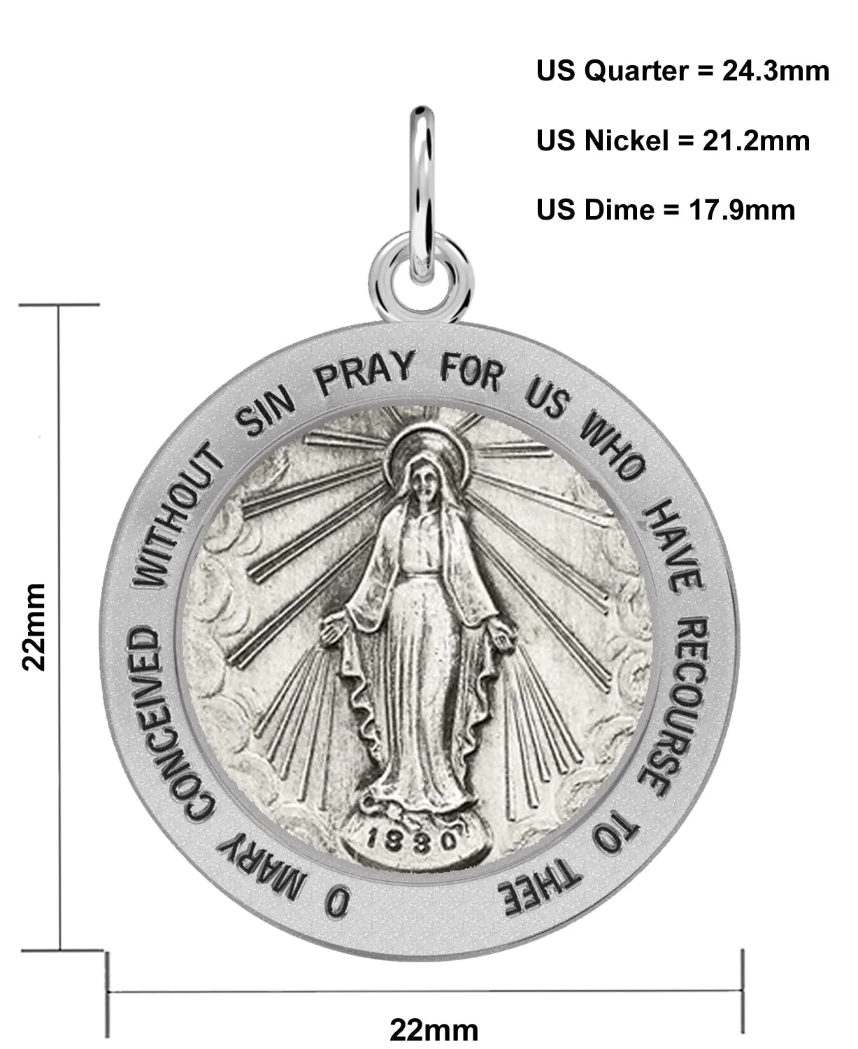 Ladies 925 Sterling Silver Large Miraculous Virgin Mary Antiqued Pendant Necklace, 22mm