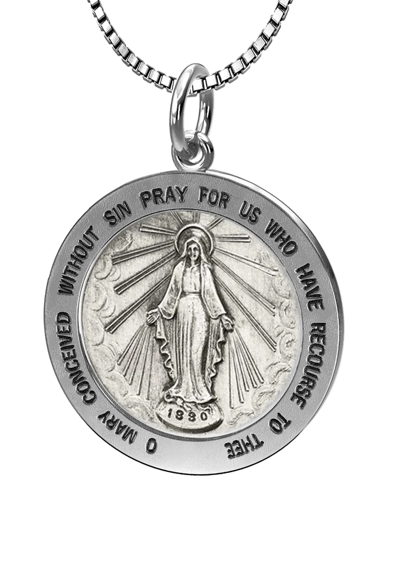 Ladies 925 Sterling Silver Large Miraculous Virgin Mary Antiqued Pendant Necklace, 22mm