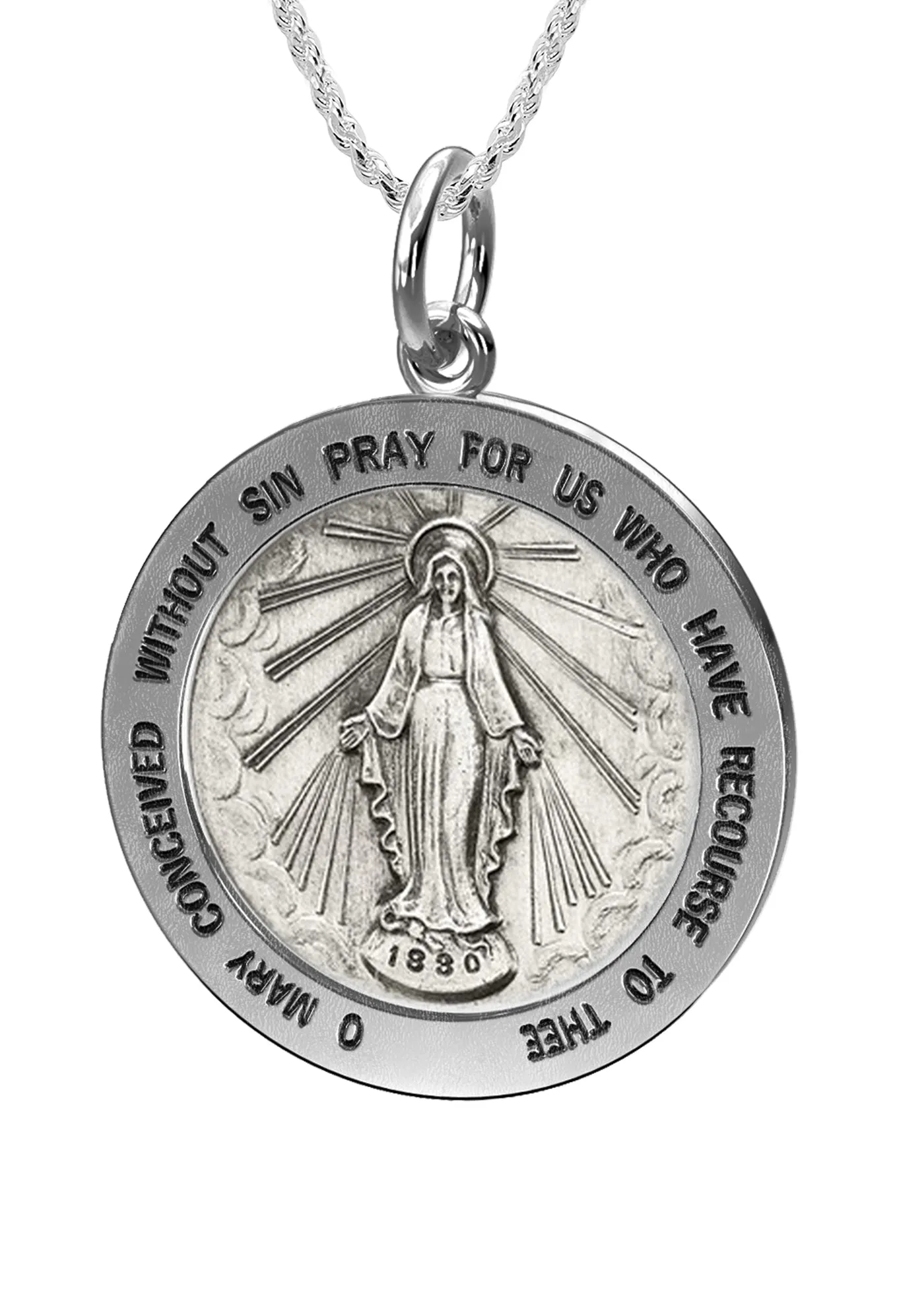 Ladies 925 Sterling Silver Large Miraculous Virgin Mary Antiqued Pendant Necklace, 22mm