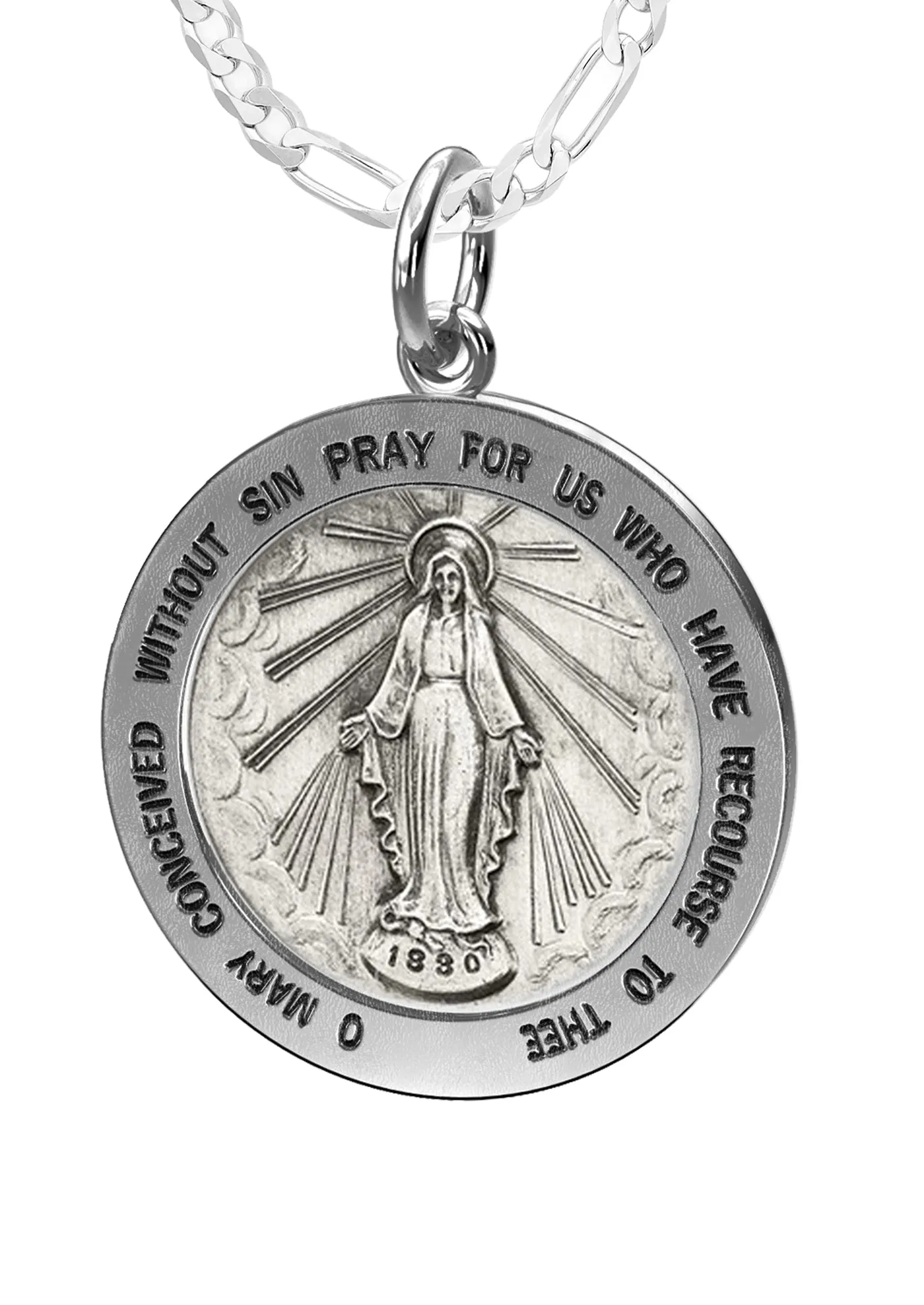 Ladies 925 Sterling Silver Large Miraculous Virgin Mary Antiqued Pendant Necklace, 22mm