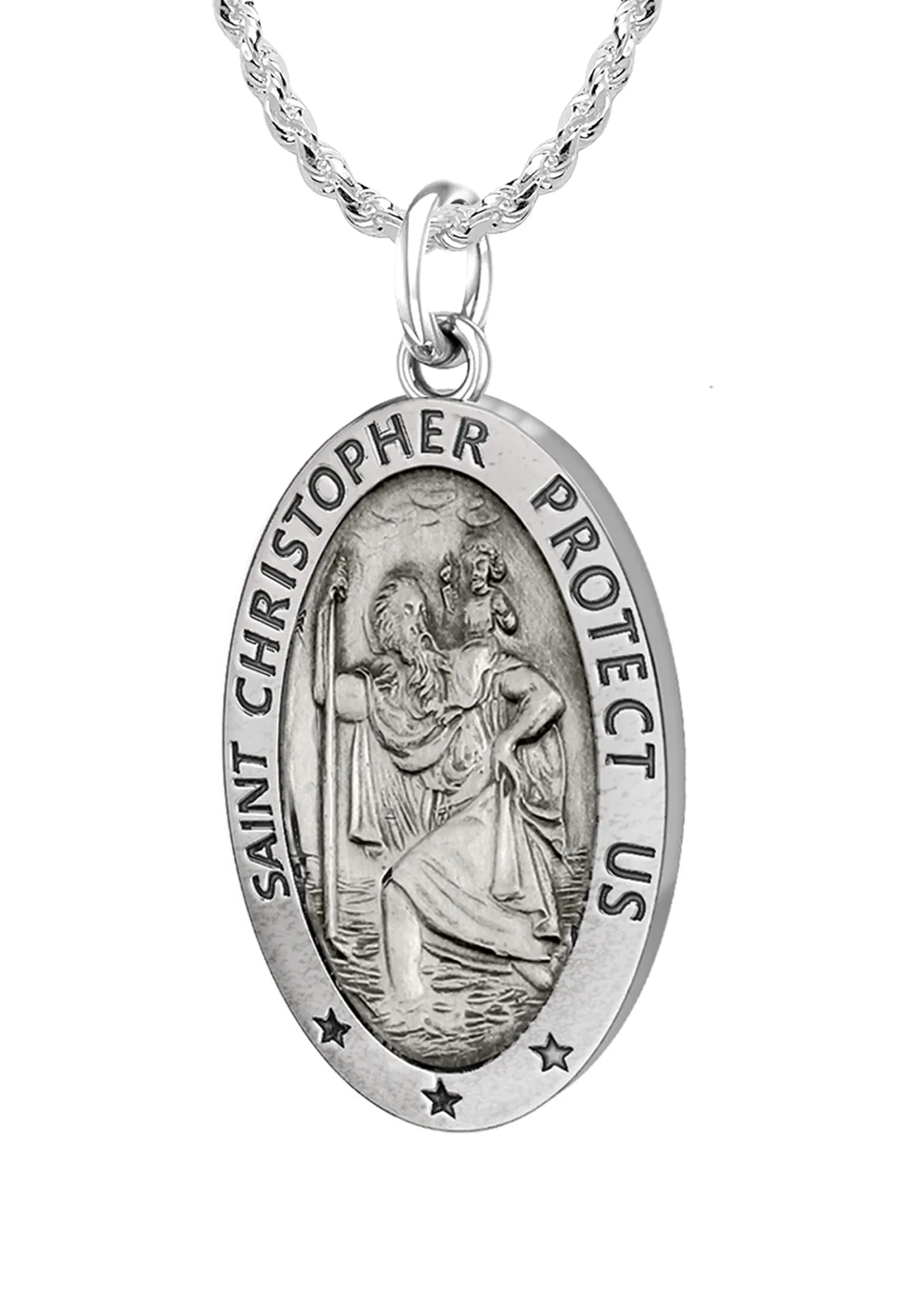 Ladies 925 Sterling Silver St Christopher Oval Antique Pendant Necklace, 22mm