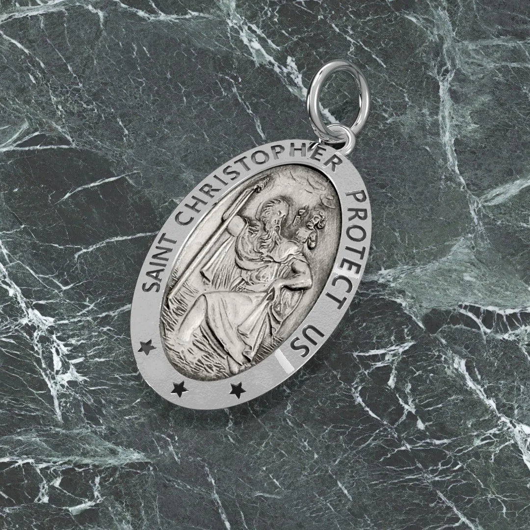 Ladies 925 Sterling Silver St Christopher Oval Antique Pendant Necklace, 22mm