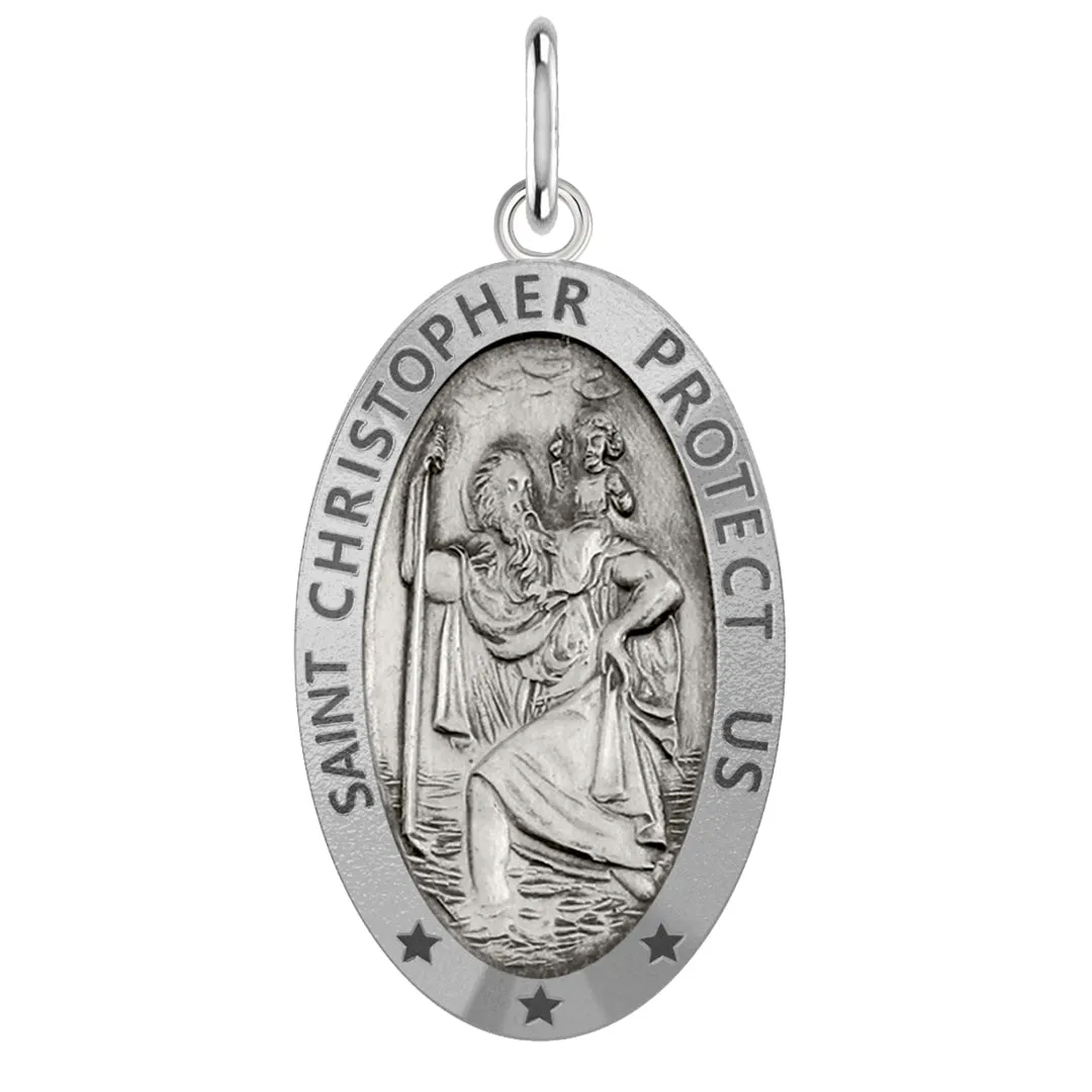 Ladies 925 Sterling Silver St Christopher Oval Antique Pendant Necklace, 22mm