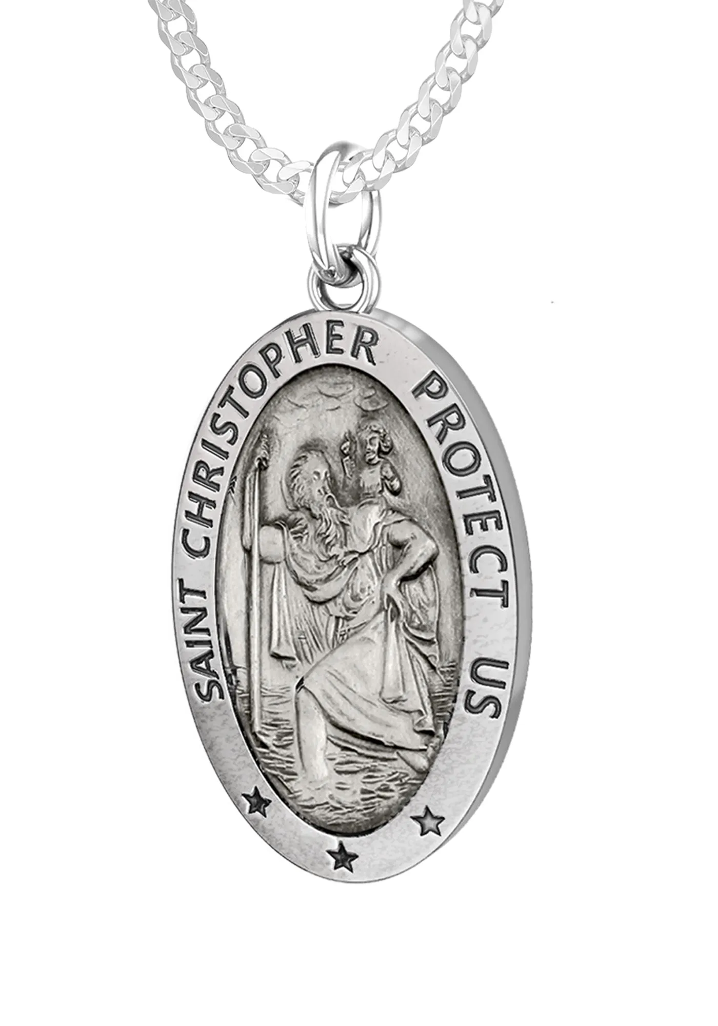 Ladies 925 Sterling Silver St Christopher Oval Antique Pendant Necklace, 22mm