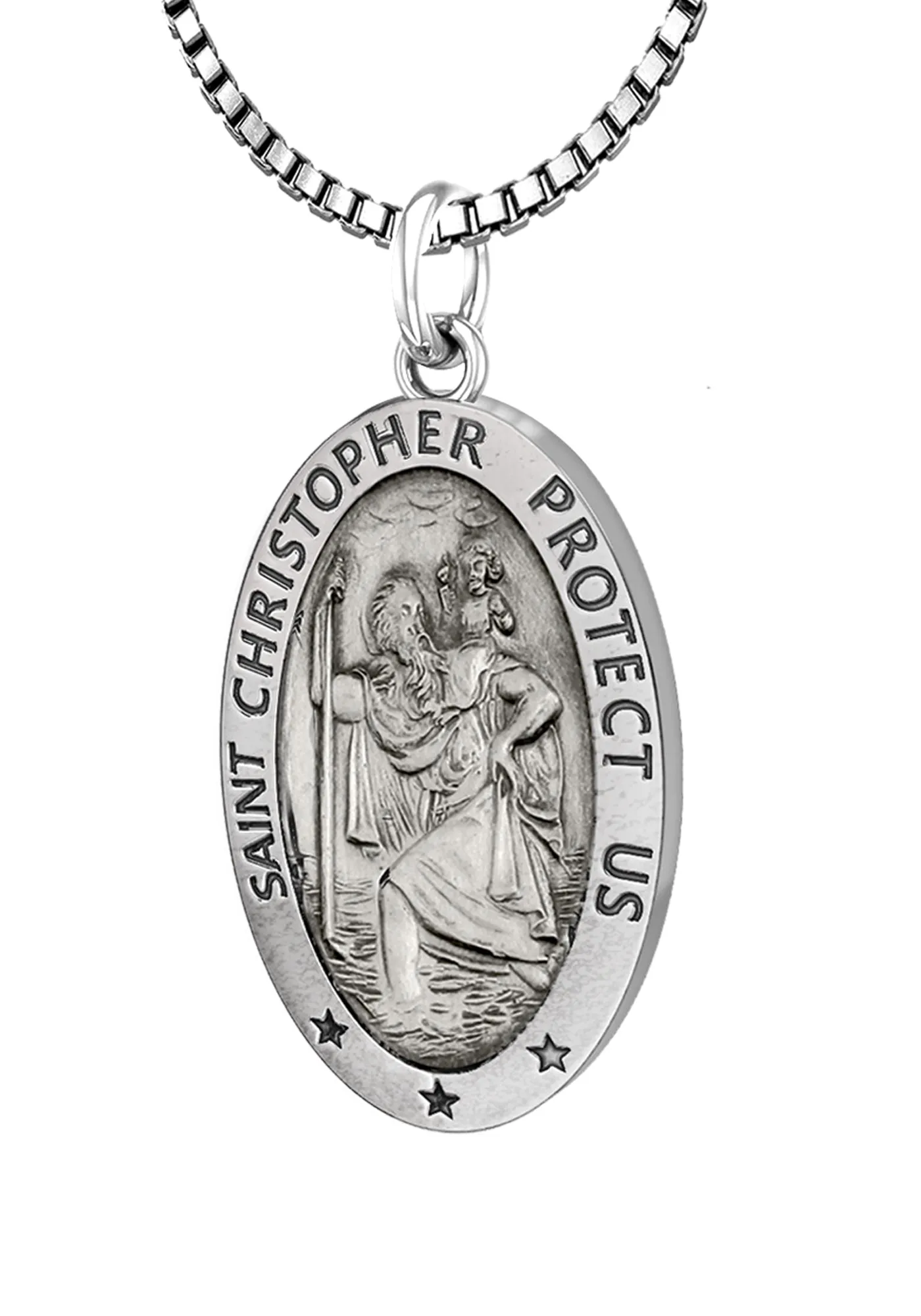 Ladies 925 Sterling Silver St Christopher Oval Antique Pendant Necklace, 22mm