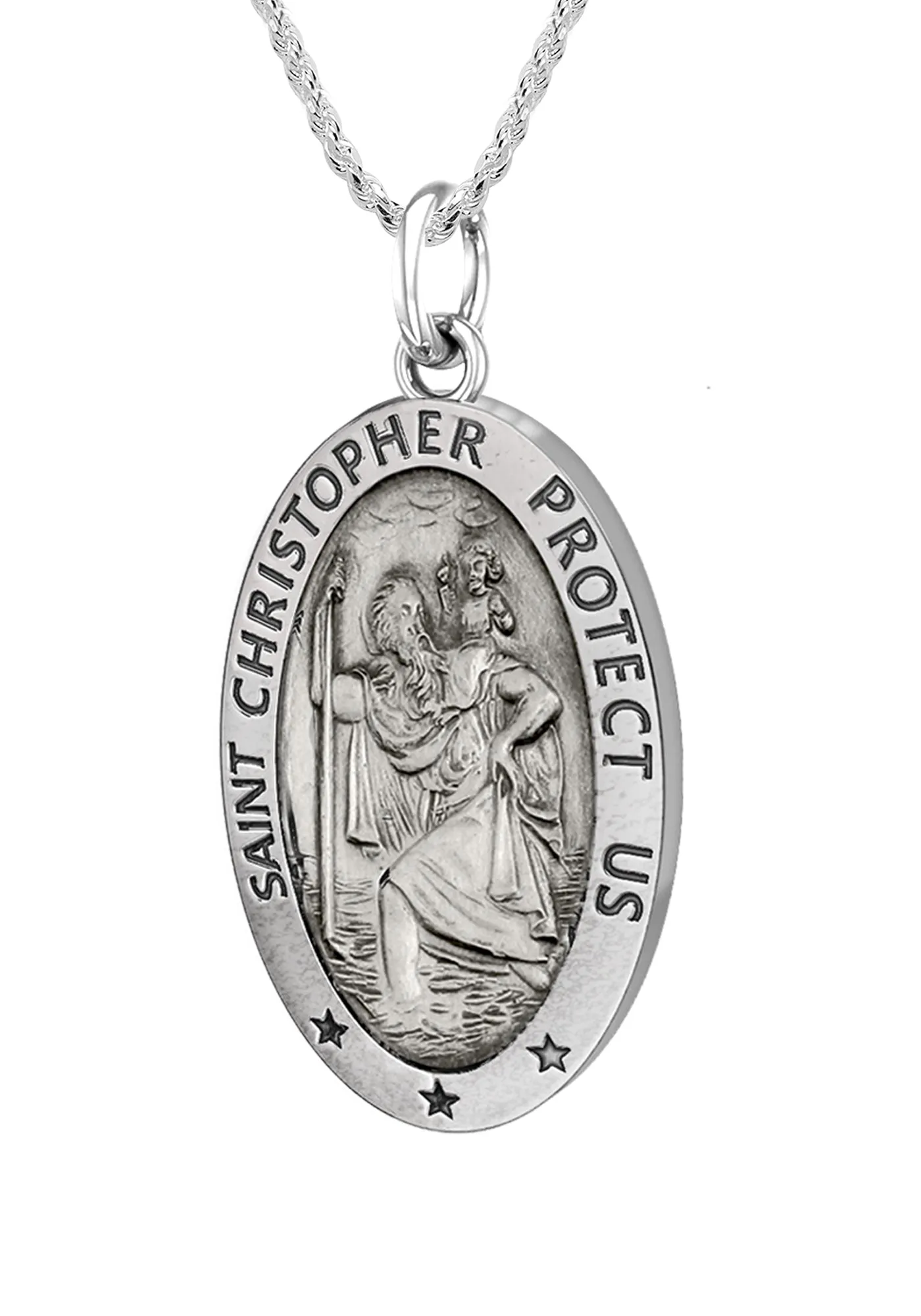 Ladies 925 Sterling Silver St Christopher Oval Antique Pendant Necklace, 22mm