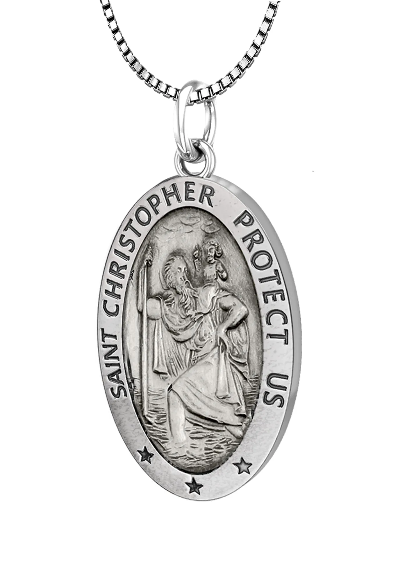 Ladies 925 Sterling Silver St Christopher Oval Antique Pendant Necklace, 22mm