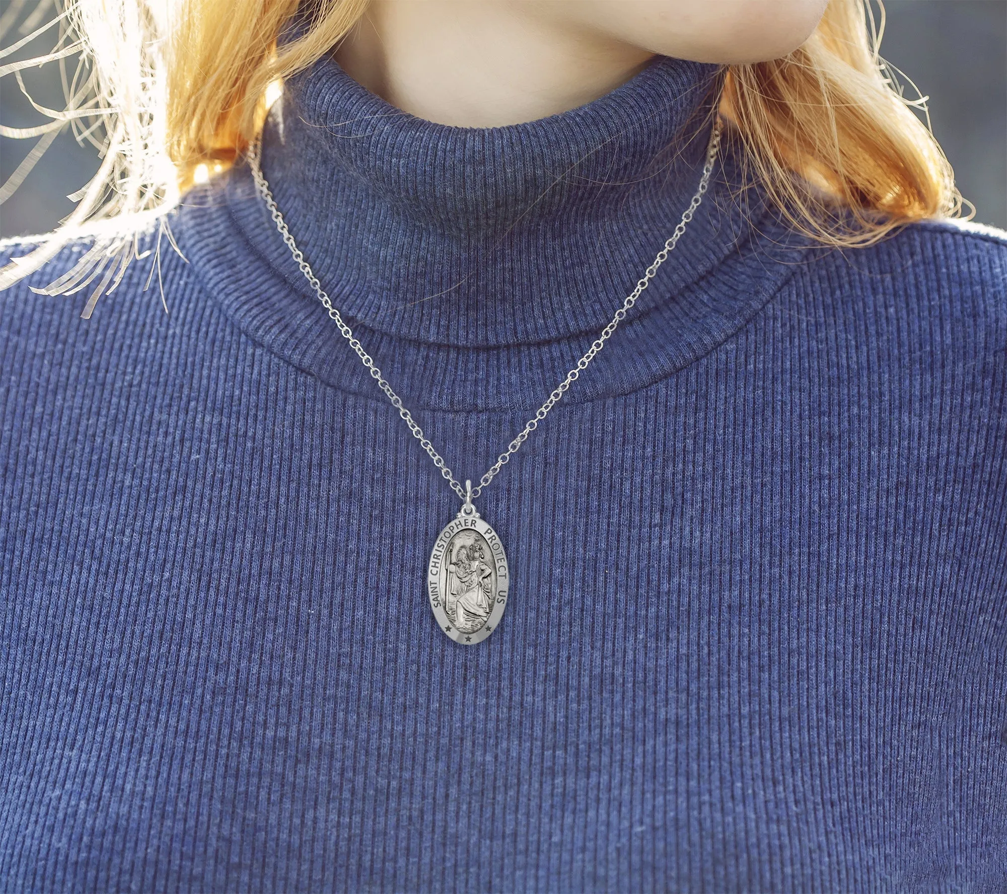 Ladies 925 Sterling Silver St Christopher Oval Antique Pendant Necklace, 22mm