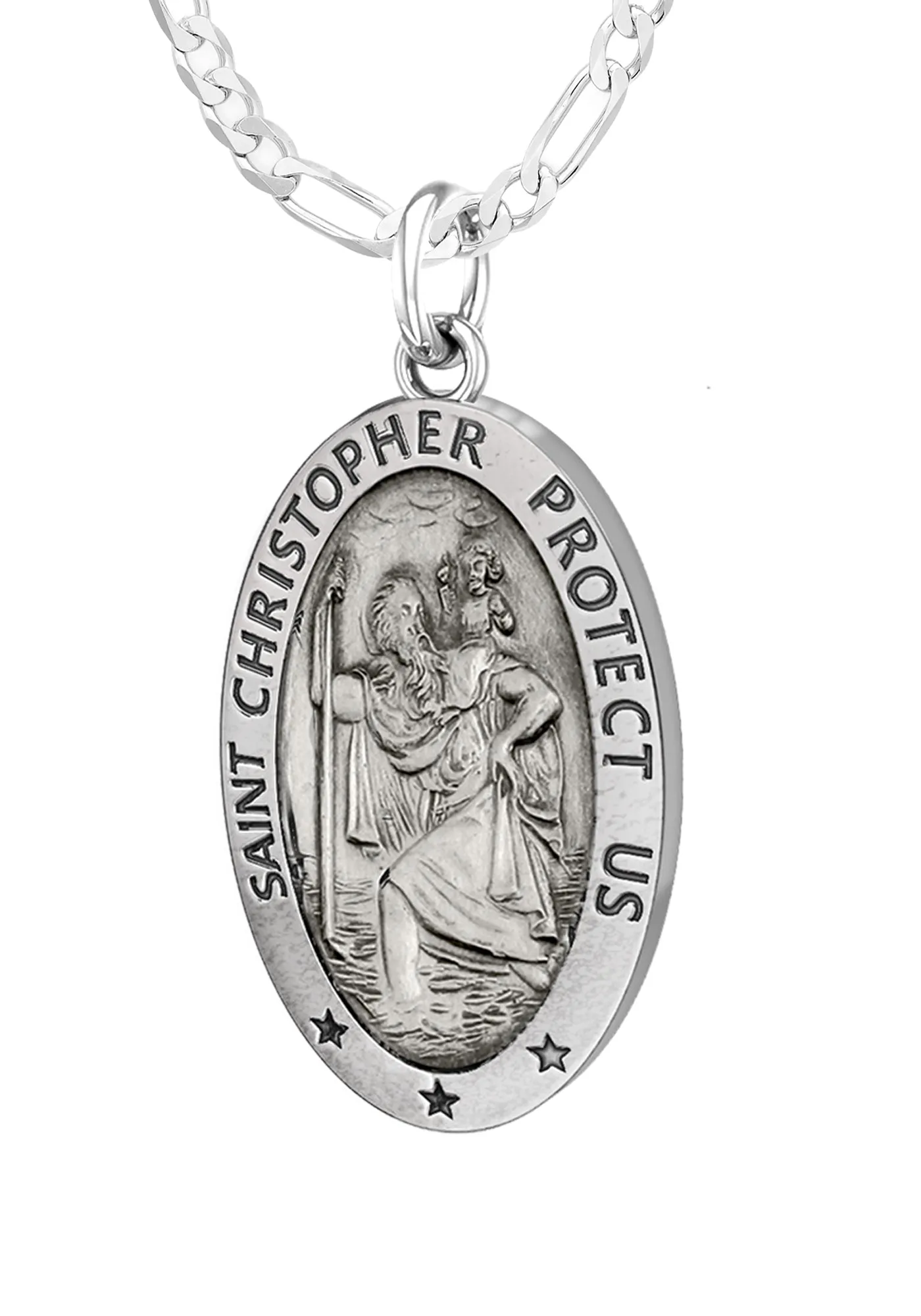 Ladies 925 Sterling Silver St Christopher Oval Antique Pendant Necklace, 22mm